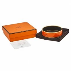 Hermes Orange Printed Enamel Gold Plated Calèche Wide Bangle Bracelet For Women -Deals Hermes Store luxury women hermes used accessories p506255 006
