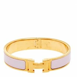 Hermes Hermès Clic H Pale Pink Enamel Gold Plated Narrow Bracelet PM For Women