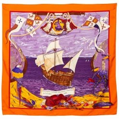 Hermes Orange Christophe Colomb Découvre L'Amerique Silk Square Scarf For Women