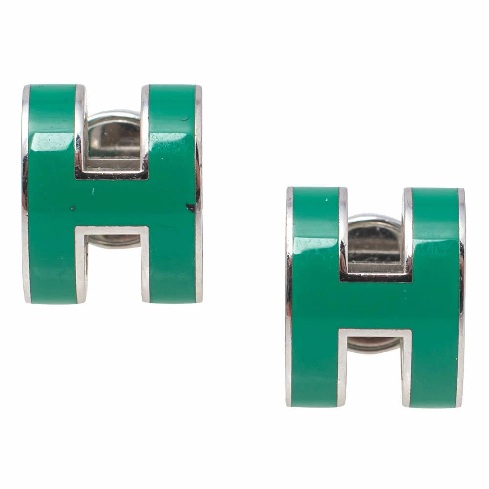 Hermes Pop H Palladium Plated Green Lacquer Stud Earrings For Women 5 Hermes Pop H Palladium Plated Green Lacquer Stud Earrings For Women - Image 3