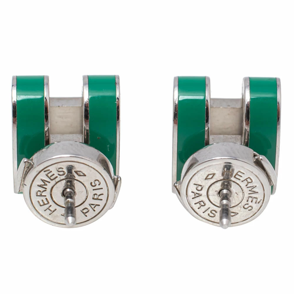Hermes Pop H Palladium Plated Green Lacquer Stud Earrings For Women 6 Hermes Pop H Palladium Plated Green Lacquer Stud Earrings For Women - Image 4