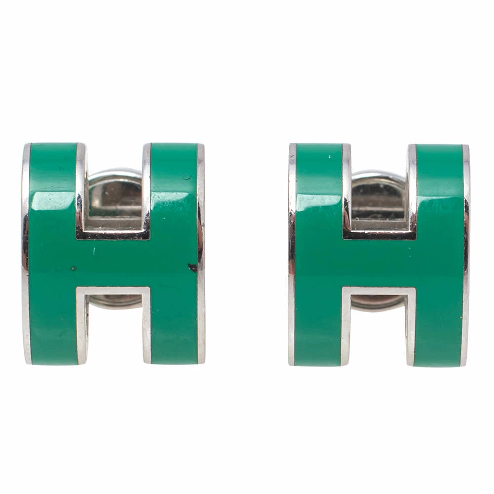 Hermes Pop H Palladium Plated Green Lacquer Stud Earrings For Women 3 Hermes Pop H Palladium Plated Green Lacquer Stud Earrings For Women