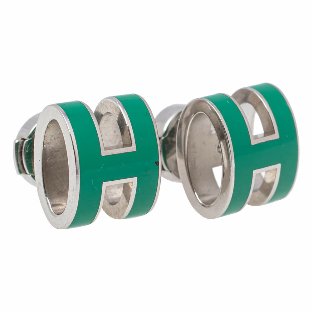Hermes Pop H Palladium Plated Green Lacquer Stud Earrings For Women 4 Hermes Pop H Palladium Plated Green Lacquer Stud Earrings For Women - Image 2