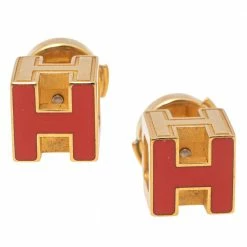 Hermes Cage D'H Gold Plated Red Lacquer Stud Earrings For Women -Deals Hermes Store luxury women hermes used accessories p508358 001