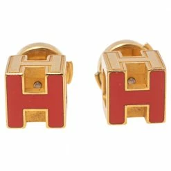 Hermes Cage D'H Gold Plated Red Lacquer Stud Earrings For Women
