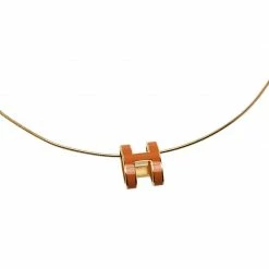 Hermes Pop H Soleil Dark Yellow Lacquered Gold Tone Pendant Necklace For Women