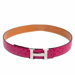 Hermes Fuchsia Ostrich H Strie Buckle Reversible Belt 80 CM For Women