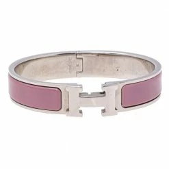 Hermes Hermès Clic H Lilac Enamel Palladium Plated Narrow Bracelet PM For Women