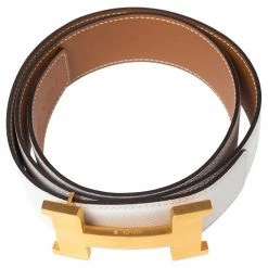 Hermes Blanc/Gold Epsom And Swift Leather Reversible Constance Belt 80 CM For Women -Deals Hermes Store luxury women hermes used accessories p519429 002