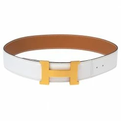 Hermes Blanc/Gold Epsom And Swift Leather Reversible Constance Belt 80 CM For Women