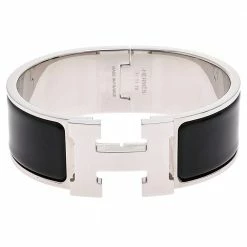 Hermes Black Enamel Palladium Plated Clic Clac H Bracelet PM For Women