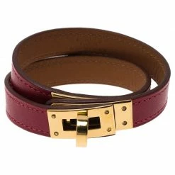 Hermes Hermès Red Kelly Double Tour Leather Gold Plated Bracelet For Women