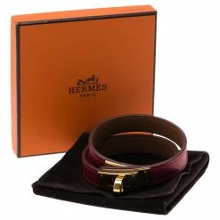 Hermes Hermès Red Kelly Double Tour Leather Gold Plated Bracelet For Women -Deals Hermes Store luxury women hermes used accessories p53100 007