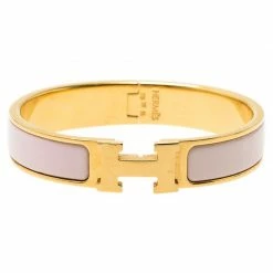 Hermes Clic Clac H Pink Enamel Gold Plated Bracelet For Women
