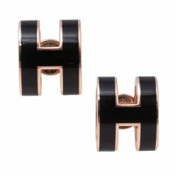 Hermes Hermès Mini Pop H Black Lacquered Rose Gold Plated Stud Earrings For Women -Deals Hermes Store luxury women hermes used accessories p531284 001