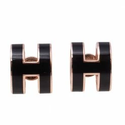 Hermes Hermès Mini Pop H Black Lacquered Rose Gold Plated Stud Earrings For Women