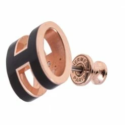 Hermes Hermès Mini Pop H Black Lacquered Rose Gold Plated Stud Earrings For Women -Deals Hermes Store luxury women hermes used accessories p531284 005