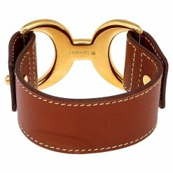 Hermes Pavane Brown Leather Gold Plated Bracelet S For Women -Deals Hermes Store luxury women hermes used accessories p534115 005