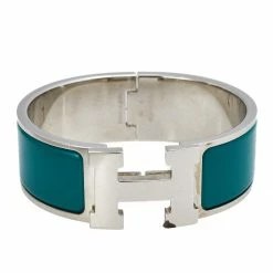 Hermes Hermès Clic Clac H Green Enamel Palladium Plated Wide Bracelet PM For Women