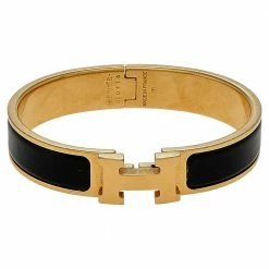 Hermes Clic H Black Enamel Gold Plated Narrow Bracelet PM For Women