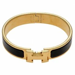 Hermes Clic H Black Enamel Gold Plated Narrow Bracelet PM For Women -Deals Hermes Store luxury women hermes used accessories p534755 003