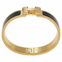 Hermes Clic H Black Enamel Gold Plated Narrow Bracelet PM For Women -Deals Hermes Store luxury women hermes used accessories p534755 004