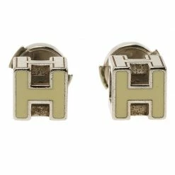Hermes Cage D'H White Enamel Palladium Plated Earrings For Women