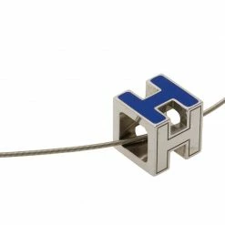 Hermes Cage D'H Blue Enamel Silver Tone Necklace For Women -Deals Hermes Store luxury women hermes used accessories p53494 003