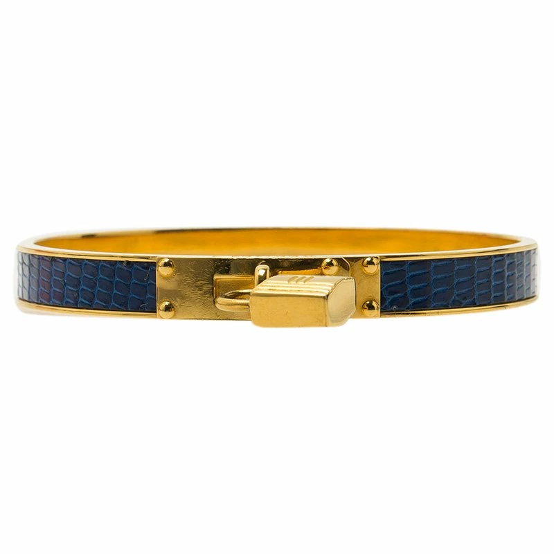 Hermes Kelly Blue Leather And Gold Plated Metal Bangle Bracelet For Women 5 Hermes Kelly Blue Leather And Gold Plated Metal Bangle Bracelet For Women - Image 3