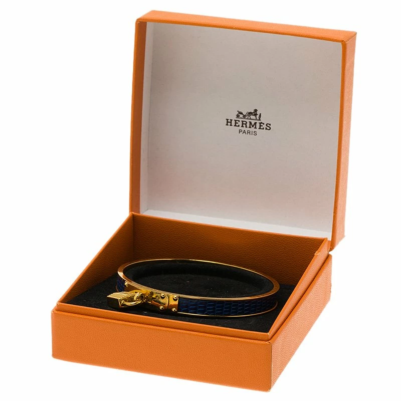 Hermes Kelly Blue Leather And Gold Plated Metal Bangle Bracelet For Women 8 Hermes Kelly Blue Leather And Gold Plated Metal Bangle Bracelet For Women - Image 6