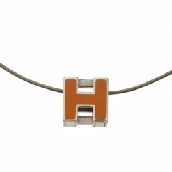 Hermes Cage D'H Orange Enamel Silver Tone Necklace For Women