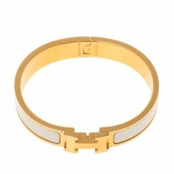 Hermes Clic H Gold Plate White Enamel Cuff Bracelet PM For Women -Deals Hermes Store luxury women hermes used accessories p536865 002