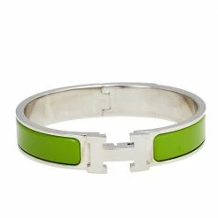 Hermes Hermès Clic H Green Enamel Palladium Plated Narrow Bracelet For Women
