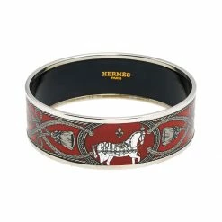 Hermes Hermès Red Grand Apparat Enamel Palladium Plated Wide Bangle Bracelet For Women