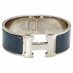 Hermes Hermès Clic Clac H Grey Enamel Palladium Plated Wide Bracelet For Women