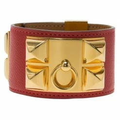 Hermes Hermès Collier De Chien Red Calfskin Leather Gold Plated Cuff Bracelet For Women -Deals Hermes Store luxury women hermes used accessories p54360 0003