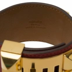 Hermes Hermès Collier De Chien Red Calfskin Leather Gold Plated Cuff Bracelet For Women -Deals Hermes Store luxury women hermes used accessories p54360 0006