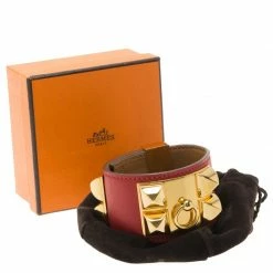 Hermes Hermès Collier De Chien Red Calfskin Leather Gold Plated Cuff Bracelet For Women -Deals Hermes Store luxury women hermes used accessories p54360 0007