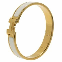 Hermes Clic Clac Cream Enamel Gold Plated Bracelet For Women -Deals Hermes Store luxury women hermes used accessories p54422 0002