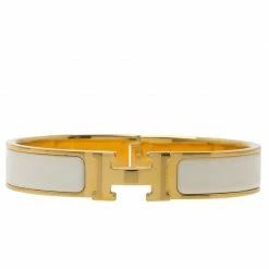 Hermes Clic Clac Cream Enamel Gold Plated Bracelet For Women -Deals Hermes Store luxury women hermes used accessories p54422 0003