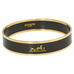 Hermes Hermès Caleche Black Enamel Gold Plated Bangle Bracelet For Women
