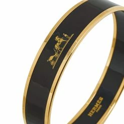 Hermes Hermès Caleche Black Enamel Gold Plated Bangle Bracelet For Women -Deals Hermes Store luxury women hermes used accessories p551583 008