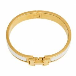 Hermes Clic H Gold Plated White Enamel Cuff Bracelet For Women -Deals Hermes Store luxury women hermes used accessories p554889 002