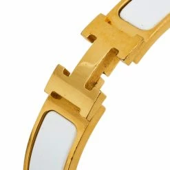 Hermes Clic H Gold Plated White Enamel Cuff Bracelet For Women -Deals Hermes Store luxury women hermes used accessories p554889 006