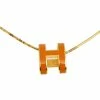 Hermes Pop H Orange Enamel Pendant Gold Plated Boxy Chain Necklace For Women