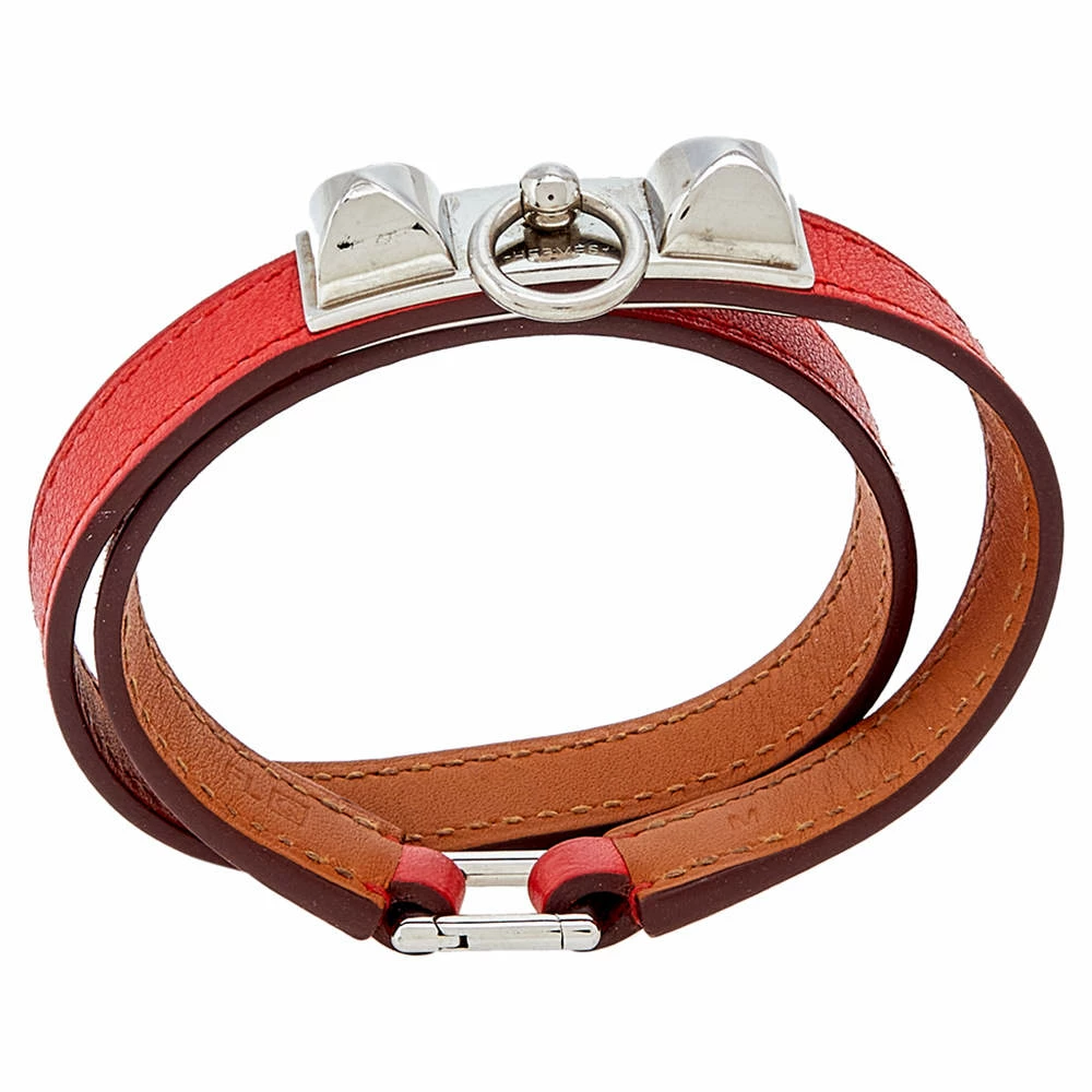 Hermes Hermès Orange Leather Palladium Plated Micro Rivale Double Tour Bracelet M For Women 7 Hermes Hermès Orange Leather Palladium Plated Micro Rivale Double Tour Bracelet M For Women - Image 5