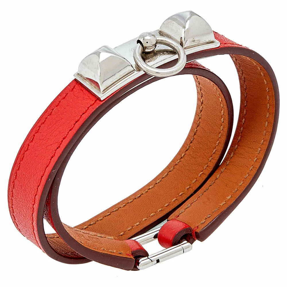 Hermes Hermès Orange Leather Palladium Plated Micro Rivale Double Tour Bracelet M For Women 4 Hermes Hermès Orange Leather Palladium Plated Micro Rivale Double Tour Bracelet M For Women - Image 2