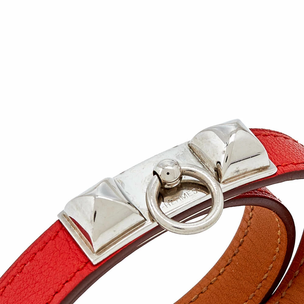 Hermes Hermès Orange Leather Palladium Plated Micro Rivale Double Tour Bracelet M For Women 5 Hermes Hermès Orange Leather Palladium Plated Micro Rivale Double Tour Bracelet M For Women - Image 3