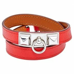 Hermes Hermès Orange Leather Palladium Plated Micro Rivale Double Tour Bracelet M For Women
