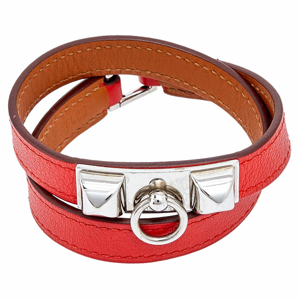 Hermes Hermès Orange Leather Palladium Plated Micro Rivale Double Tour Bracelet M For Women 6 Hermes Hermès Orange Leather Palladium Plated Micro Rivale Double Tour Bracelet M For Women - Image 4